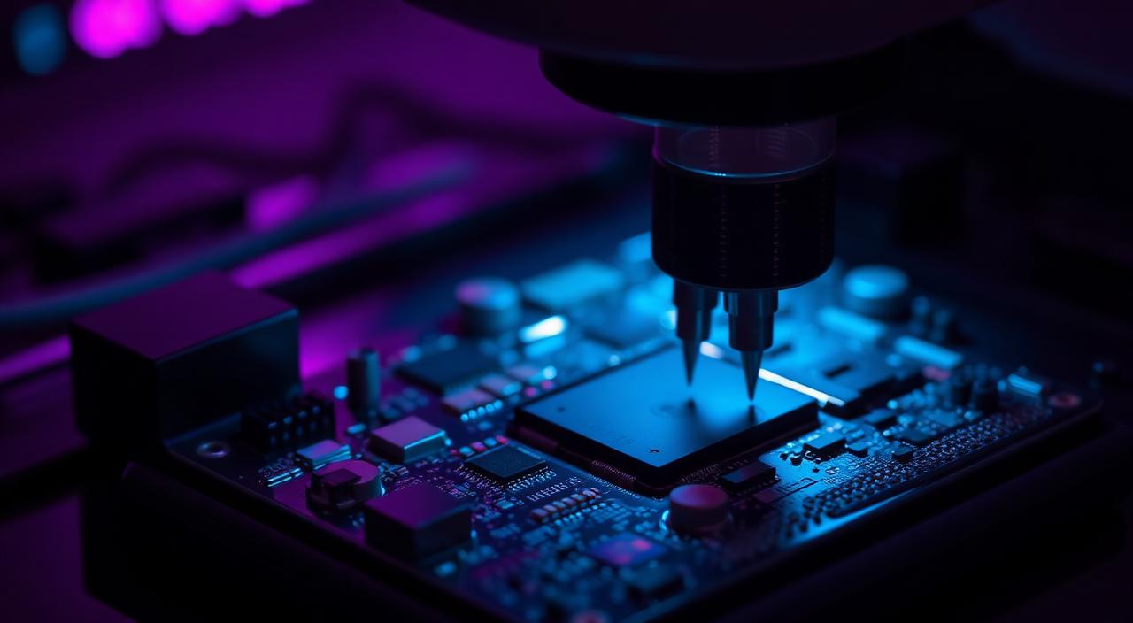 Estación de microsoldadura reparando placa base de smartphone